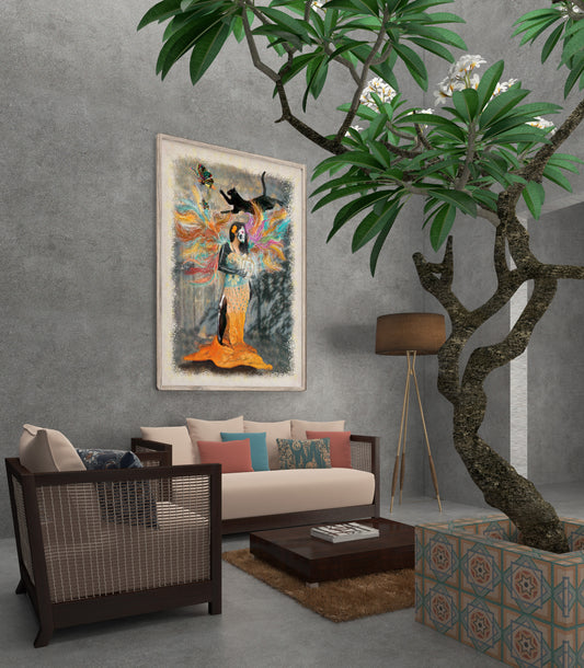 Soul Cage Catrina in a living room with a couch, coffee table, and decorative plant against a gray wall.