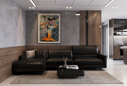Modern living room with a black leather sofa, coffee table, and abstract painting on the wall. Soul Cage Catrina, mixed media art b y Doug laRue