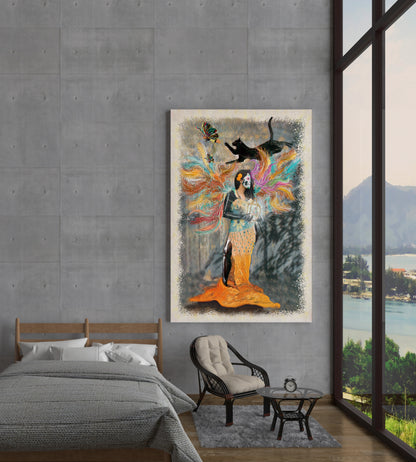 Colorful abstract painting Soul Cage Catrina bib Doug LaRue on a gray wall above a bed with a view of a lake.