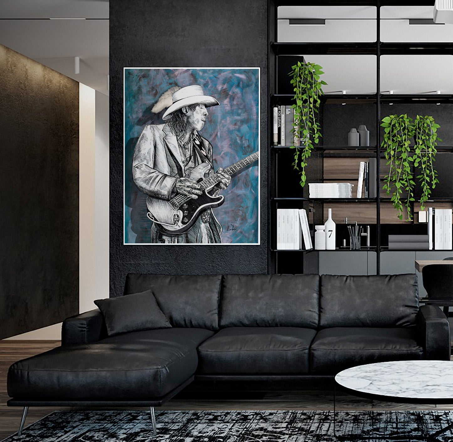 Stevie Ray Vaughan Blues mixed media art by Doug LaRue over a black leather couch in a modern living room