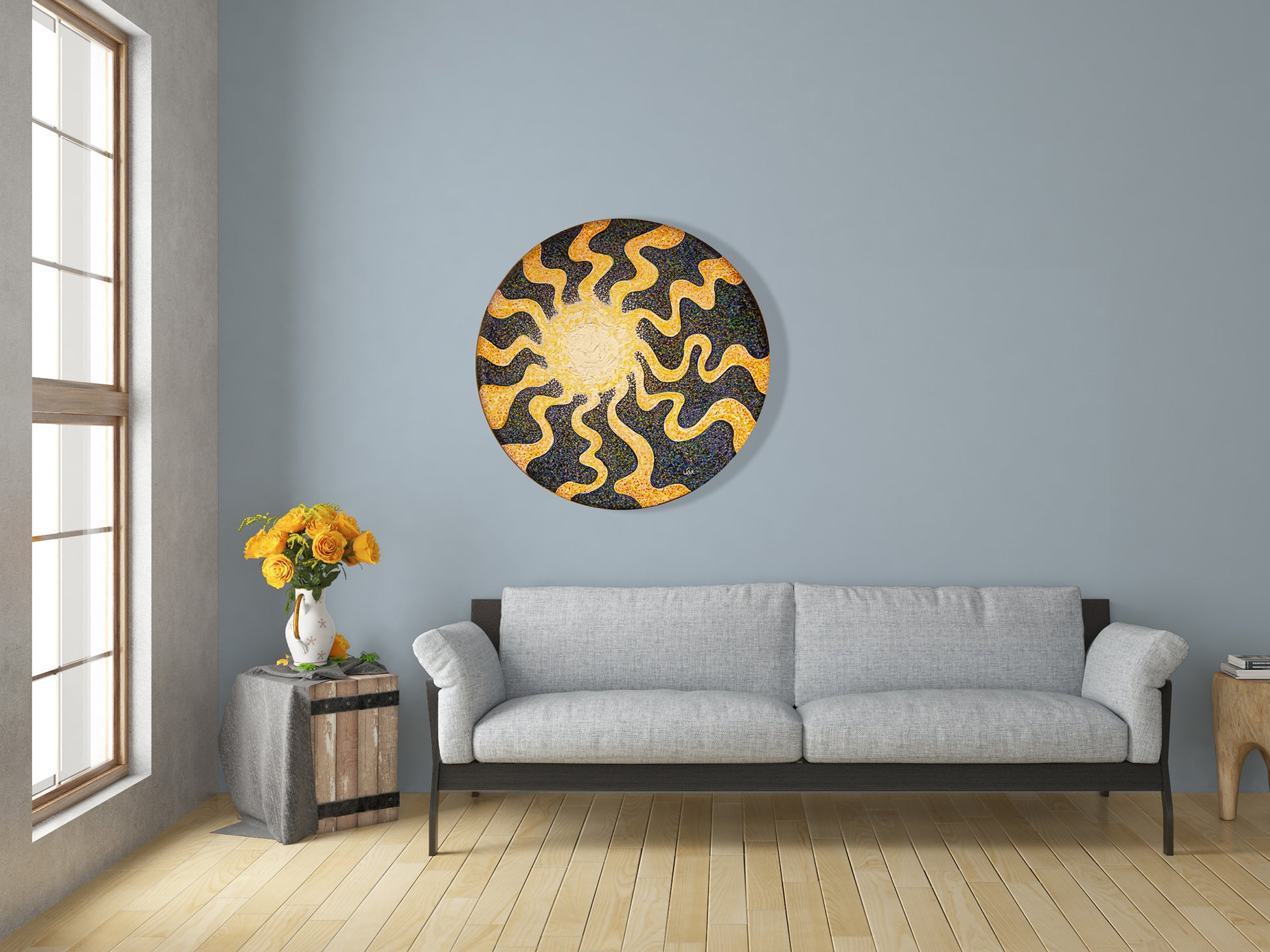 Sunburst 24 in. acrylic painting by Doug LaRue on a pale blue grey wall over a couch