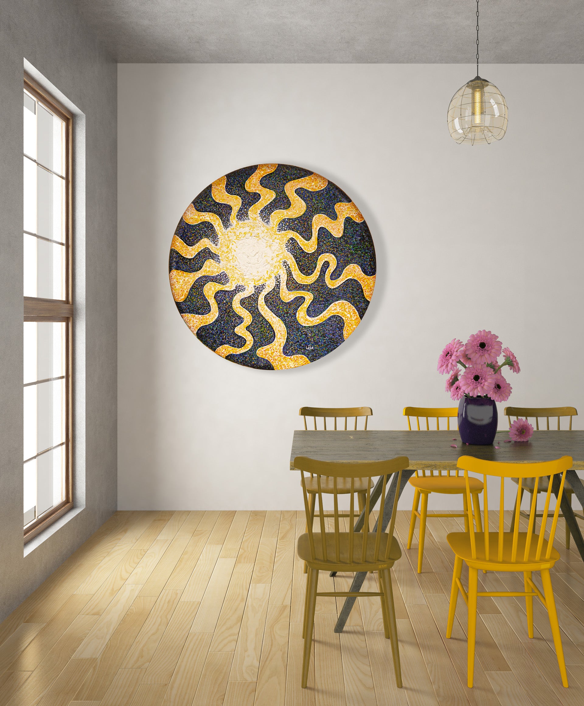 Sunburst 24 in. acrylic painting by Doug LaRue on a kitchen wall by a window