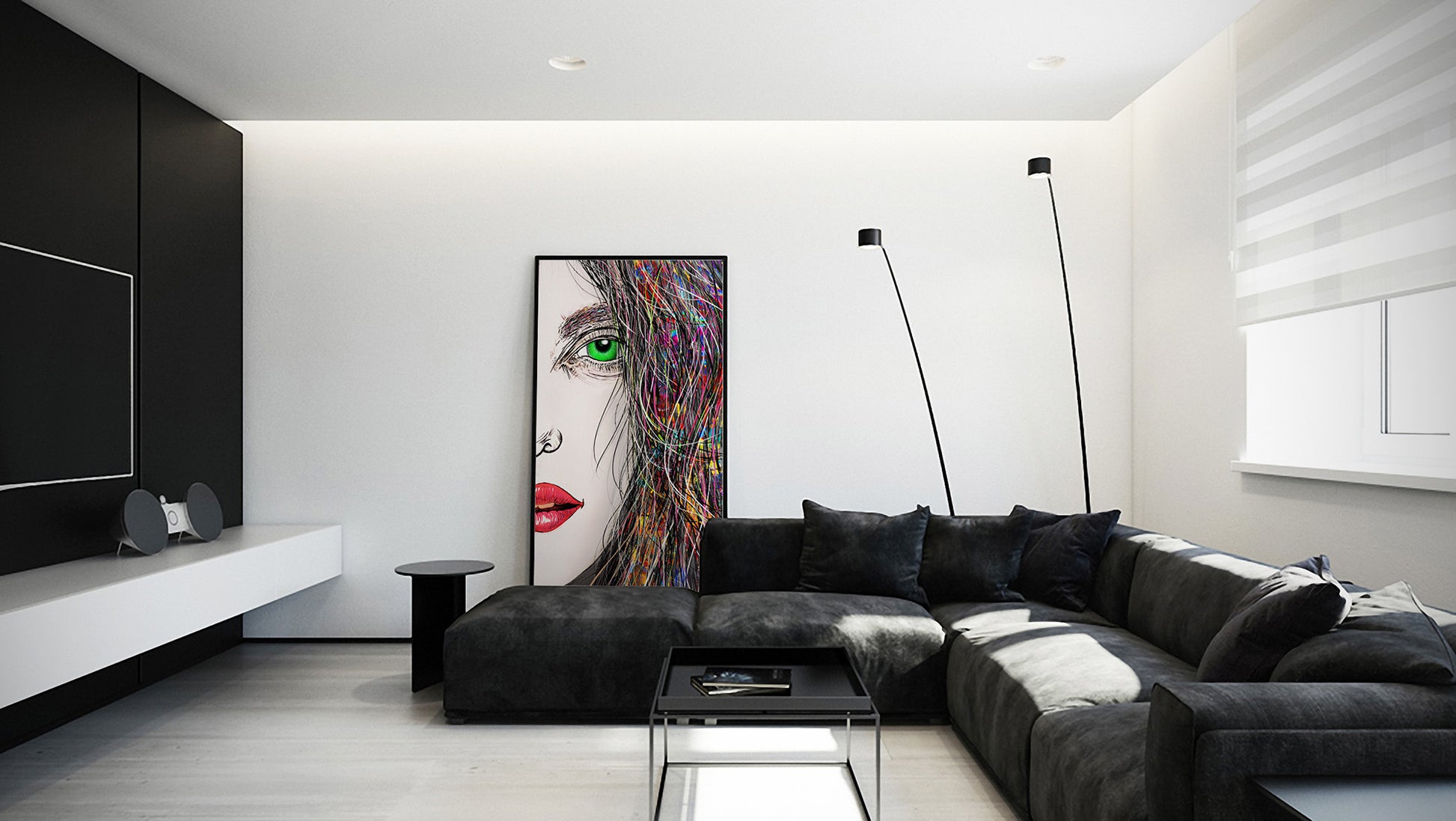 Tara Khimaira Green Eye by Doug LaRue large framed print leaning against the back wall of a modern living room with grey suede sectional couch in a black and white motif