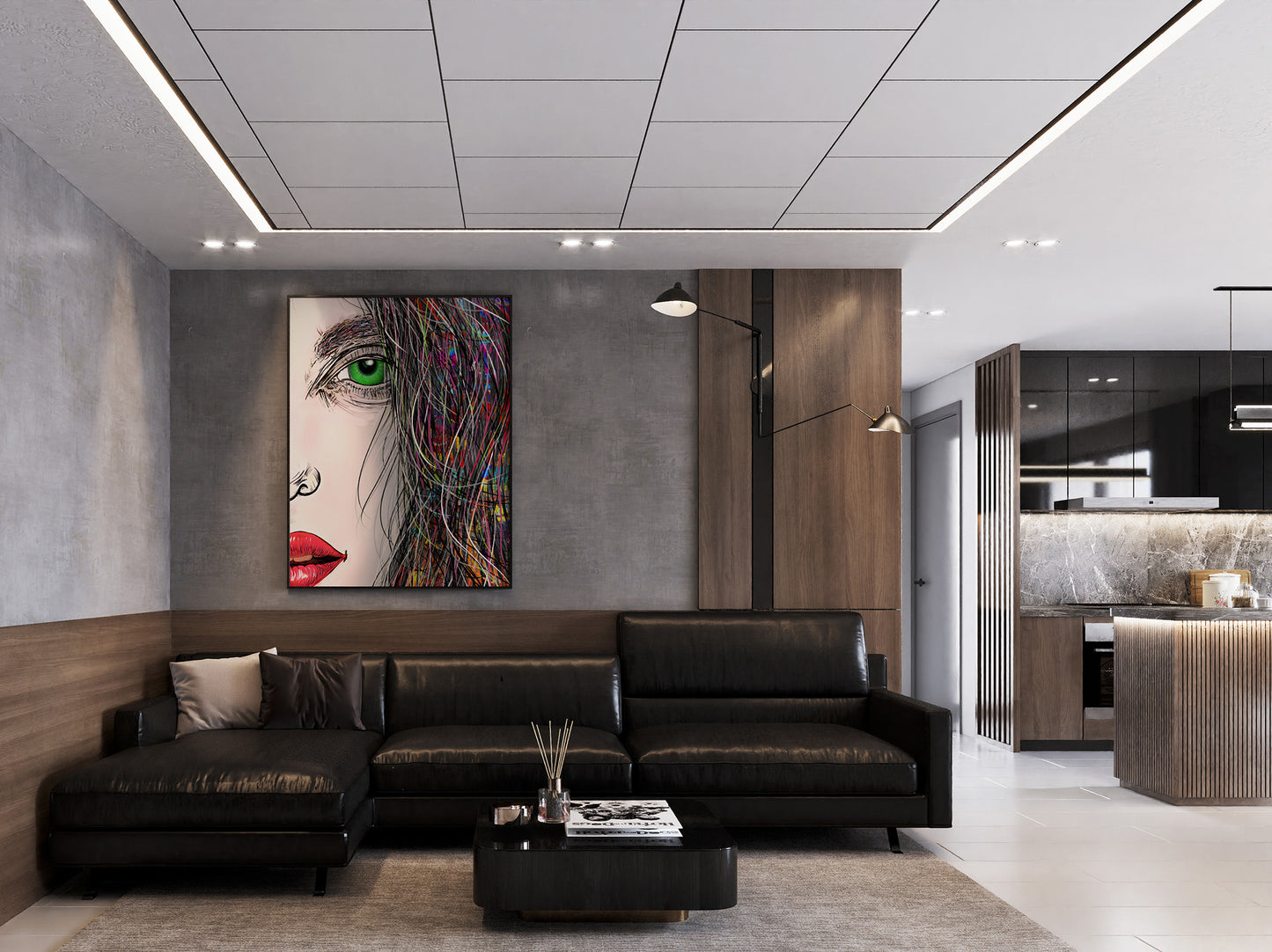 Tara Khimaira Green Eye by Doug LaRue custom crop large framed print in a modern living room with a black leather couch
