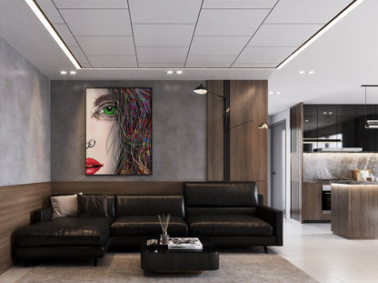 Tara Khimaira Green Eye by Doug LaRue custom crop large framed print in a modern living room with a black leather couch