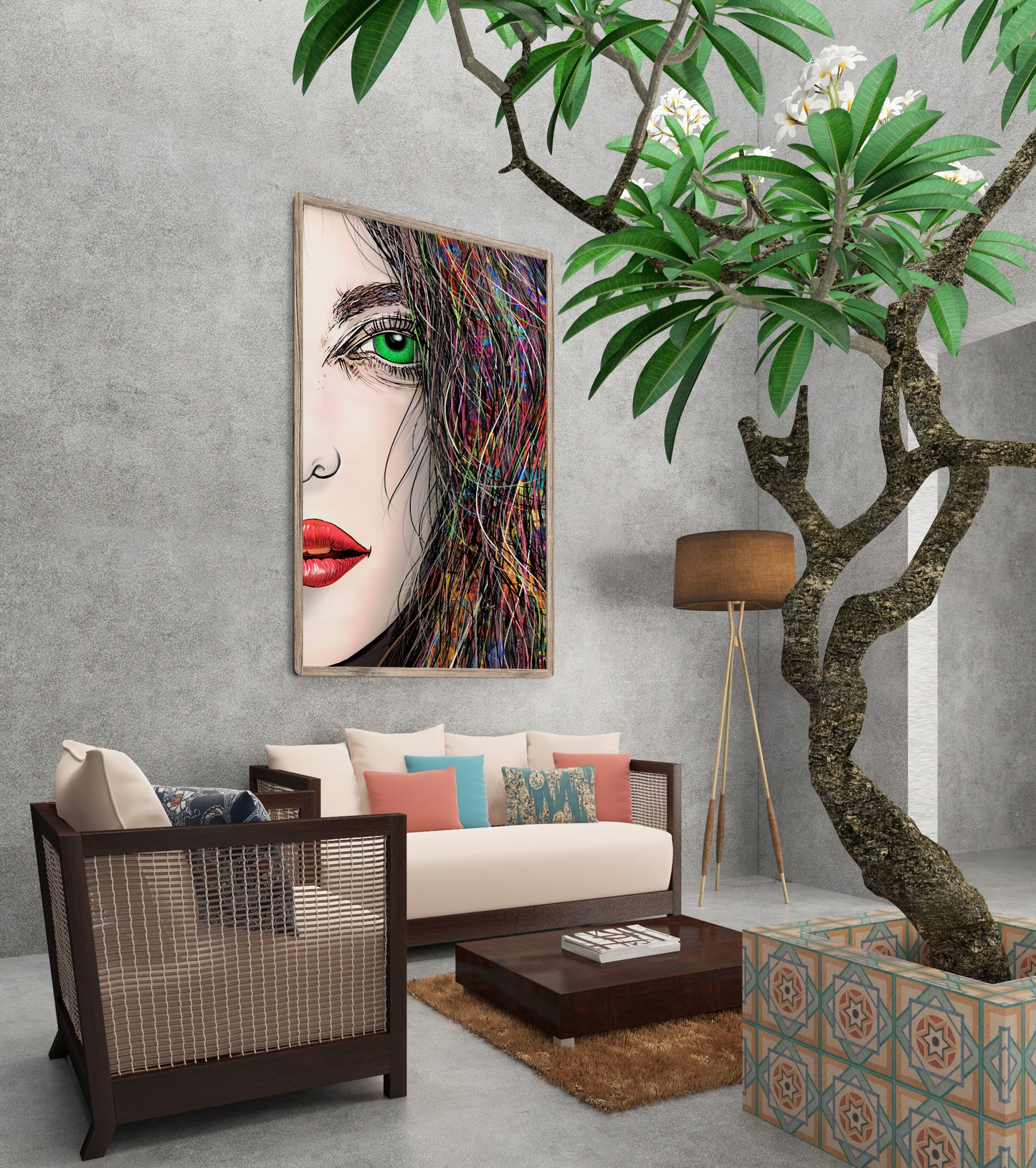 Modern living room with a colorful abstract painting, sofa, and decorative plant.  Tara's Green Eye by Doug LaRue