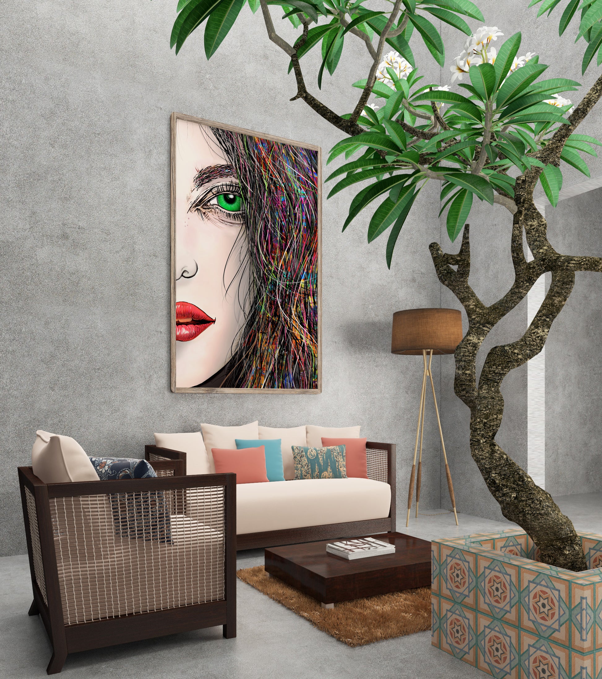 Modern living room with a colorful abstract painting, sofa, and decorative plant.  Tara's Green Eye by Doug LaRue