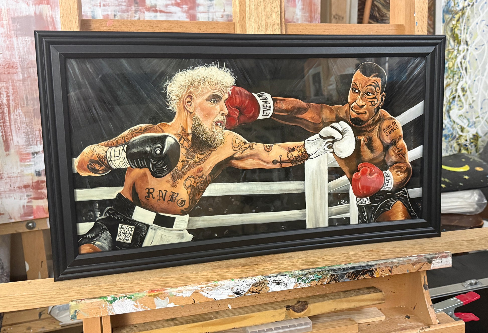 Mike Tyson vs. Jake Paul 24x48x1.5 oil painting by Doug LaRue 12x21 black wood frame @NWD