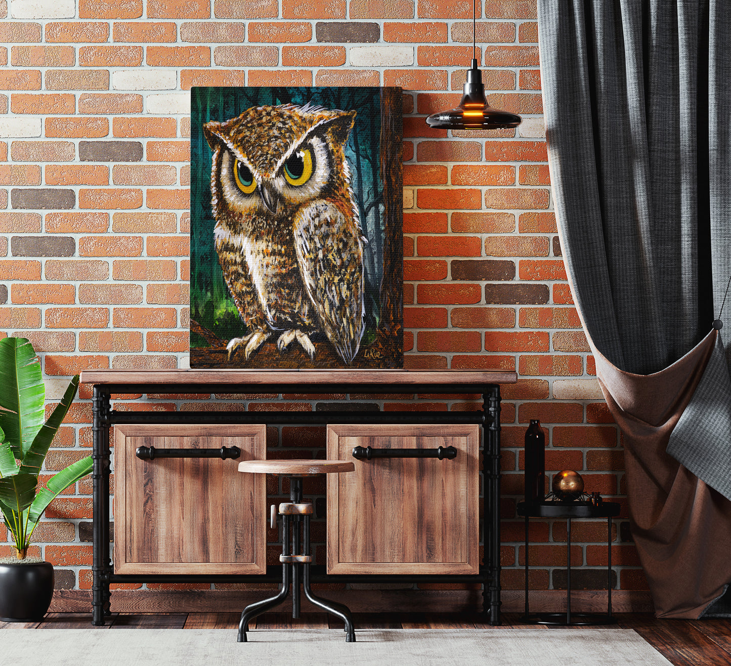Wooden console table with Uncle Screech Owl by Doug LaRue painting against a brick wall