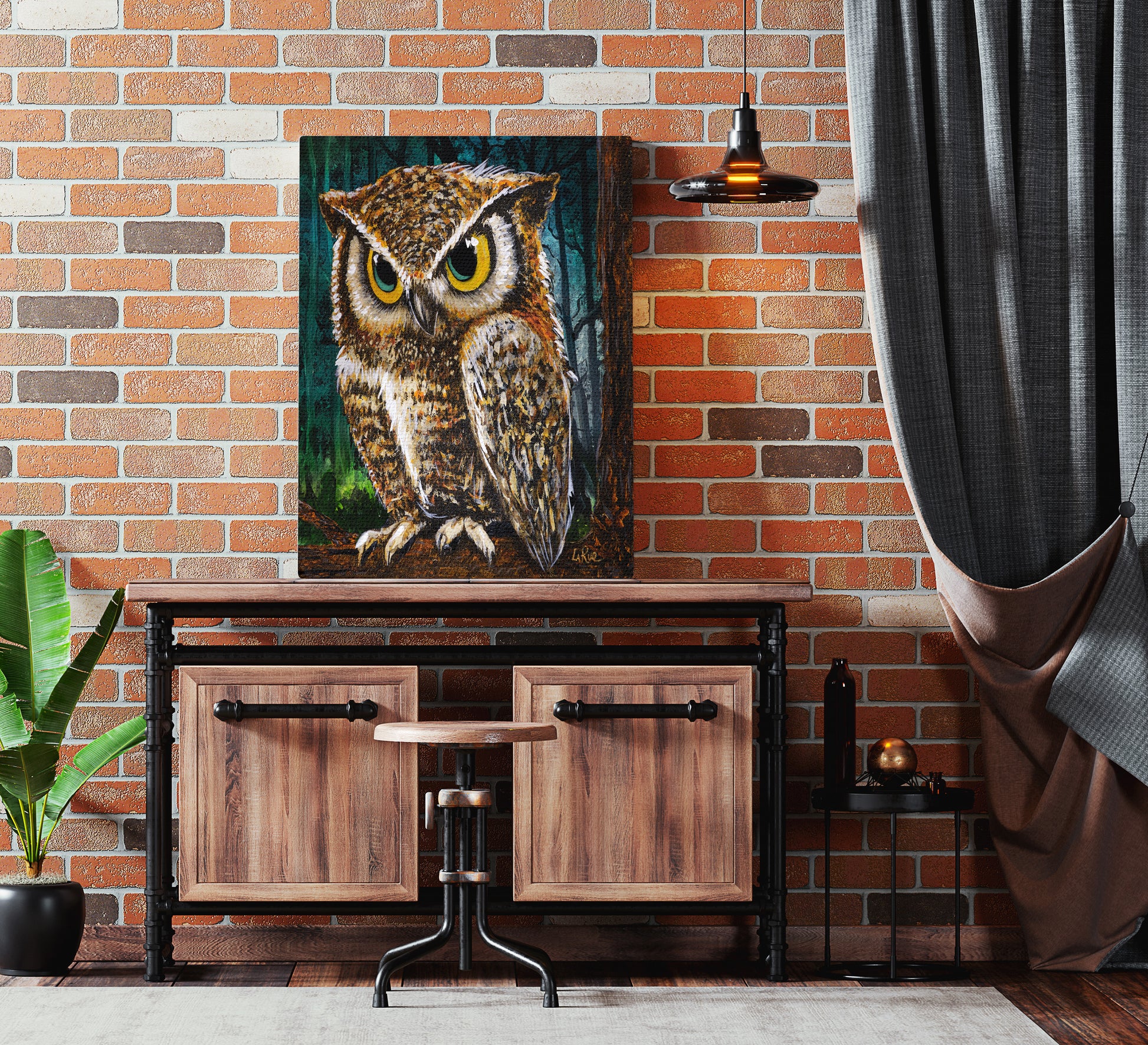 Wooden console table with Uncle Screech Owl by Doug LaRue painting against a brick wall