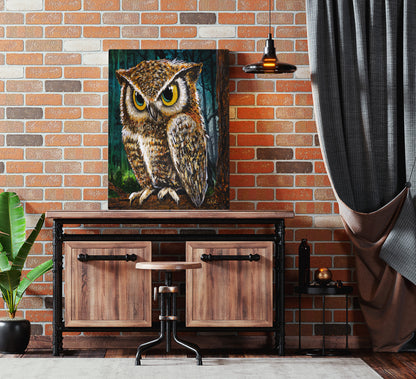 Wooden console table with Uncle Screech Owl by Doug LaRue painting against a brick wall