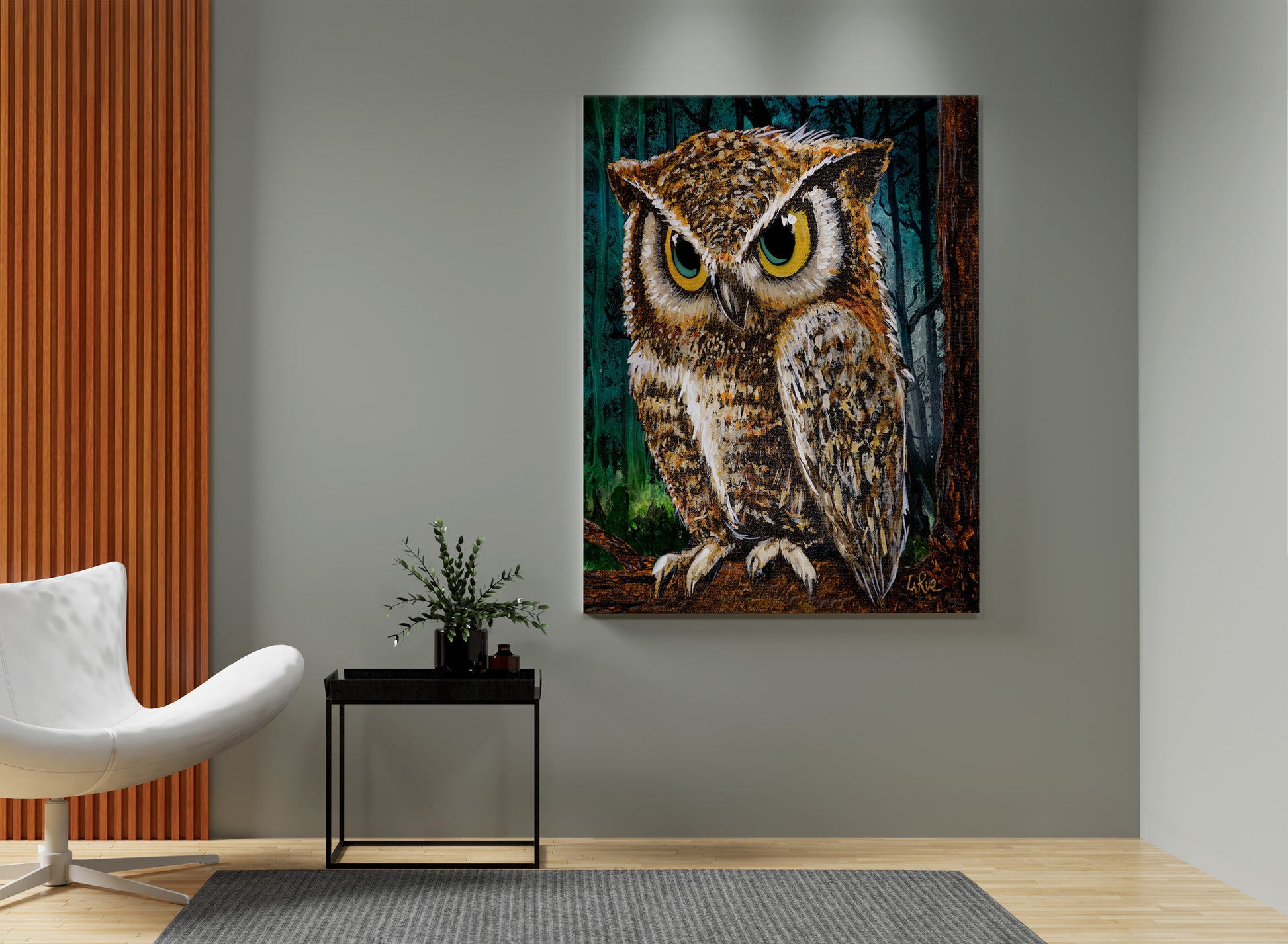 Painting of Uncle Screech Owl by Doug LaRue on a wall in a room with a chair and small table.
