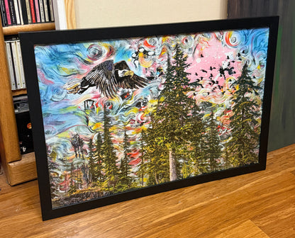Verona Forest Eagle mixed media abstract art by Doug LaRue 16x24x1 wood frame