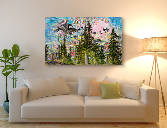 Living room with a beige white sofa, colorful abstract painting on the wall, and a lamp. Verona Forest Eagle large Fine Art Print