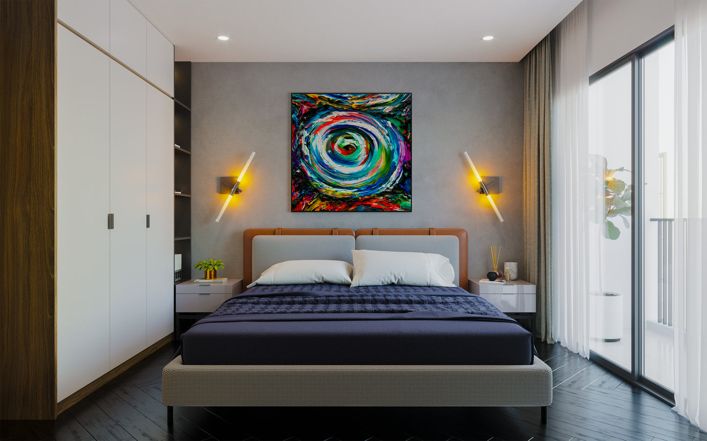 Modern bedroom with a colorful abstract painting on the wall Quad Vortex avbstract mixed media art by Doug LaRue