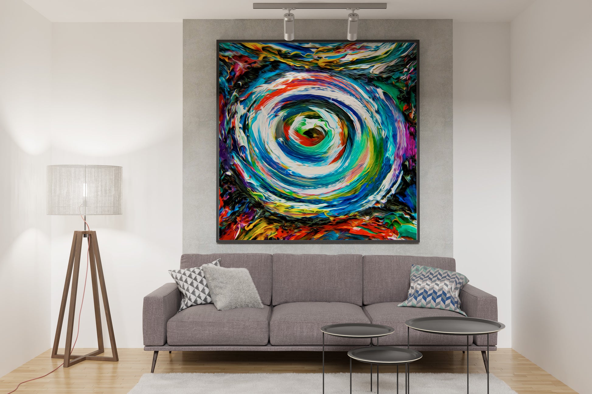 Living room with a gray sofa, colorful abstract painting, and side tables.Quad Vortex avbstract mixed media art by Doug LaRue