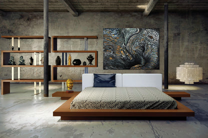 Waking Elephant painting by Doug LaRue large metal print over a spartan luxury bedroom