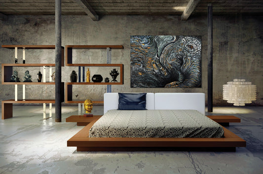 Waking Elephant painting by Doug LaRue large metal print over a spartan luxury bedroom