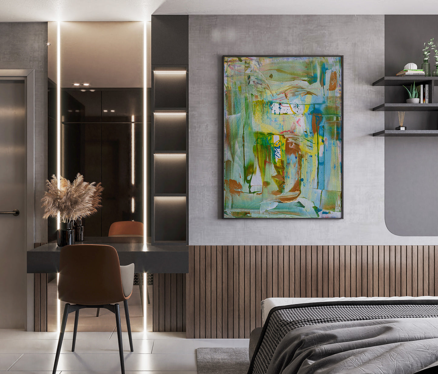bNYC abstract painting buy Doug LaRue on a modern bedroom wall