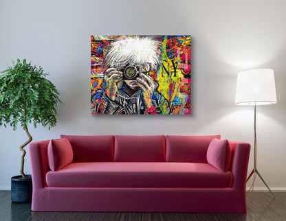 Warhols Camera ñ¥© mixed media art by Doug LaRue on a living room wall over a rose color couch