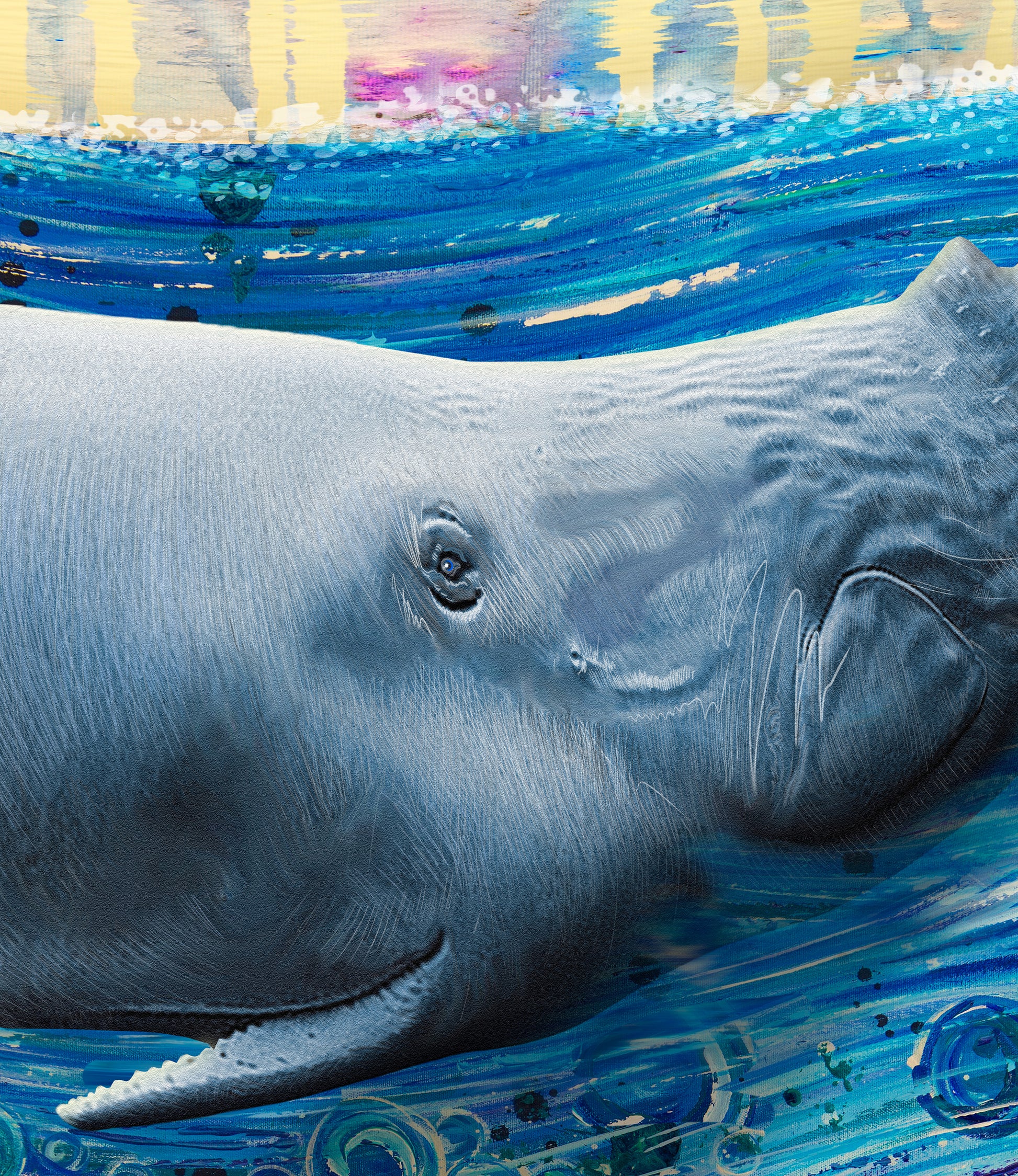 A close-up painted scene of a large gray sperm whale swimming in blue water, with expressive brushstrokes and colorful highlights in the background.