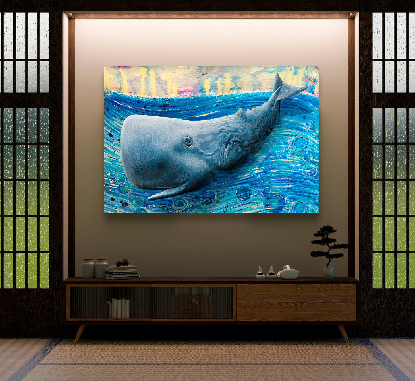 A large canvas wall art print depicting a blue whale swimming in vibrant blue water, displayed in a modern Japanese-style room above a wooden console table. Whale by Doug LaRue
