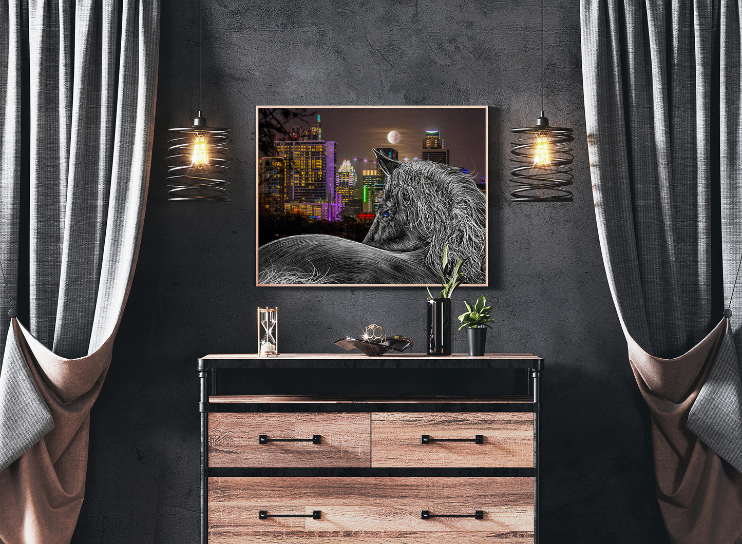 Dresser with decorative items against a dark wall with a framed picture of White Horse Austin Texas by Doug LaRue
