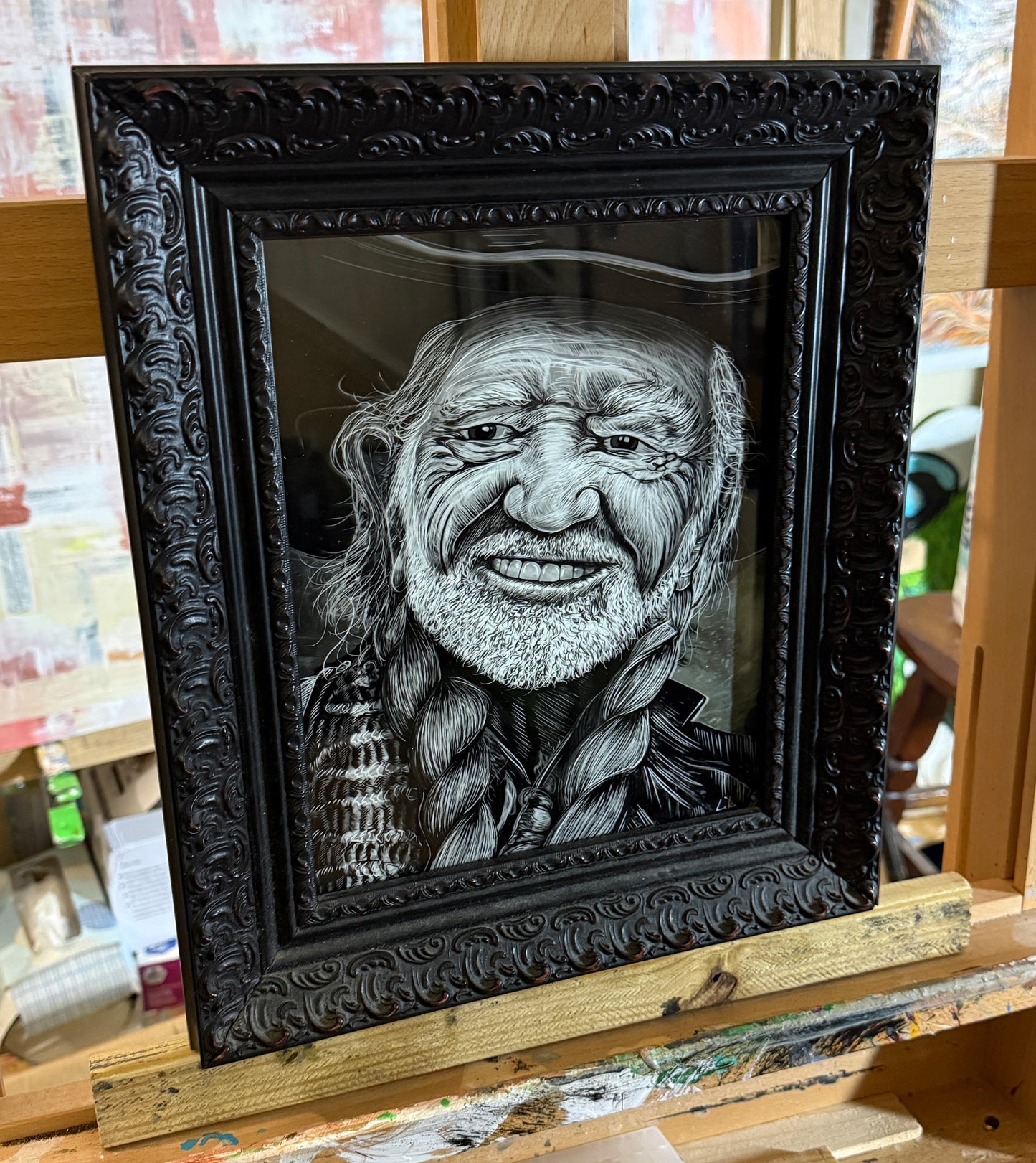 Willie Nelson portrait in antique ornate wood frame 8x10
