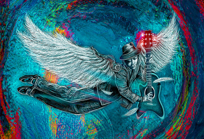 Artistic depiction of a person with wings holding a guitar against a colorful abstract background. Winged 6 String by Doug LaRue