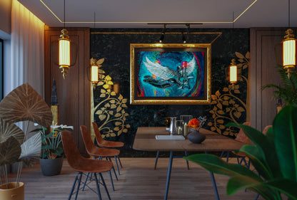 Modern interior with a colorful painting on the wall, wooden chairs, and a table. Winged 6 String by Doug LaRue
