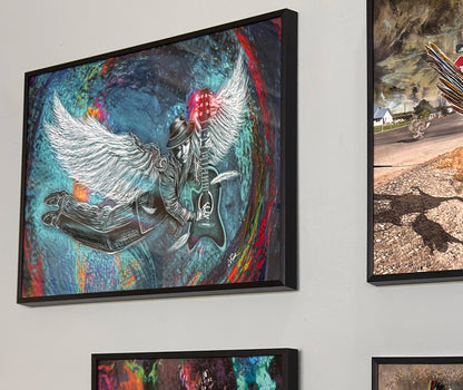 Framed artwork of a winged figure with a colorful abstract background on a wall. Winged 6 String. by Doug LaRue