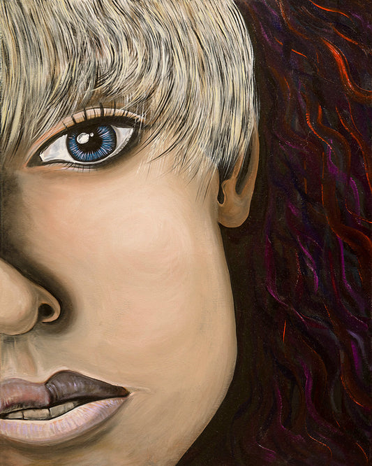 Close-up of a person's face with blue eyes and blonde hair, Wrayn oil painting by Doug LaRue