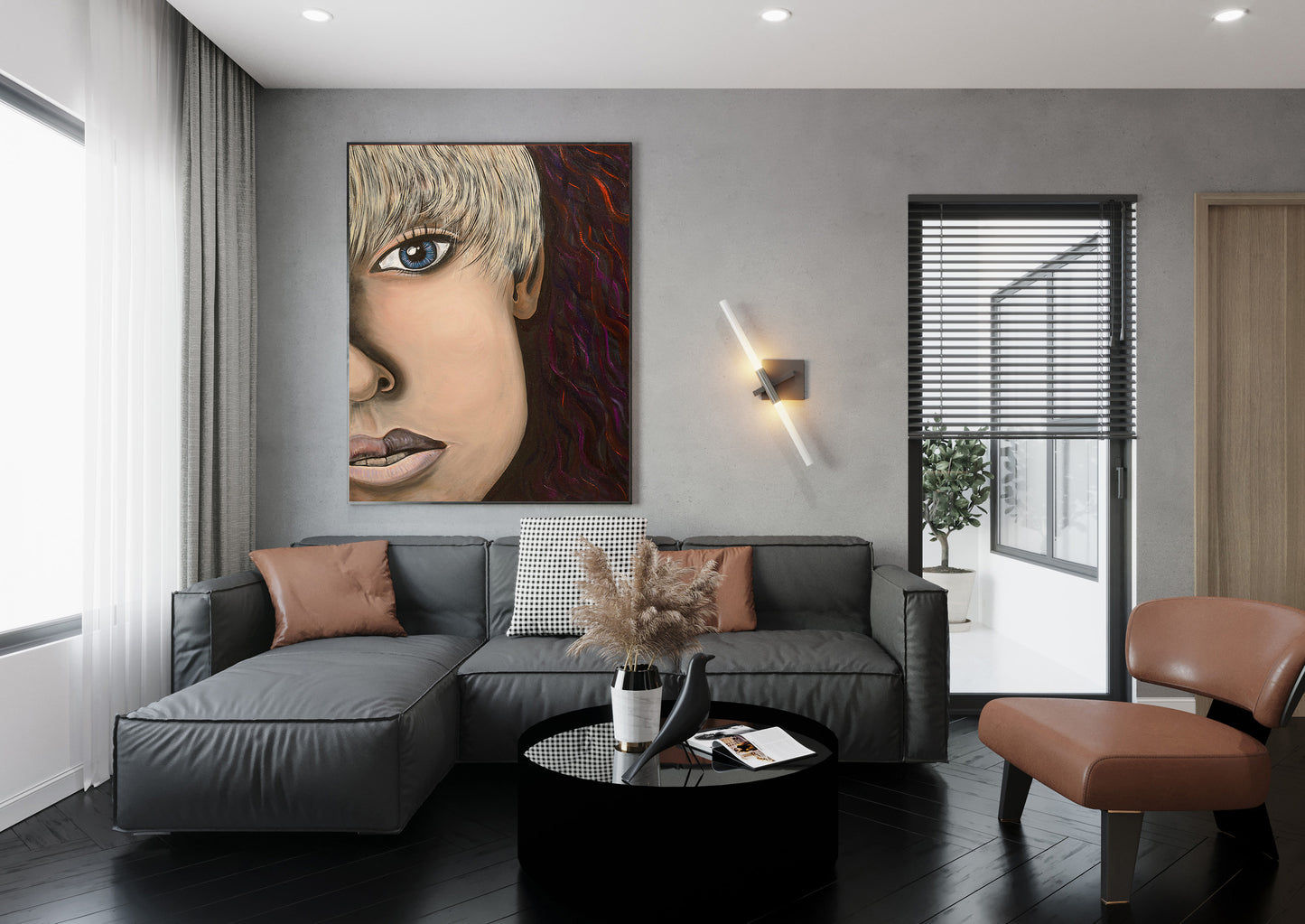 Modern living room with a gray sofa, brown ottoman, and wall art of Wrayn, an oil painting by Doug LaRue
