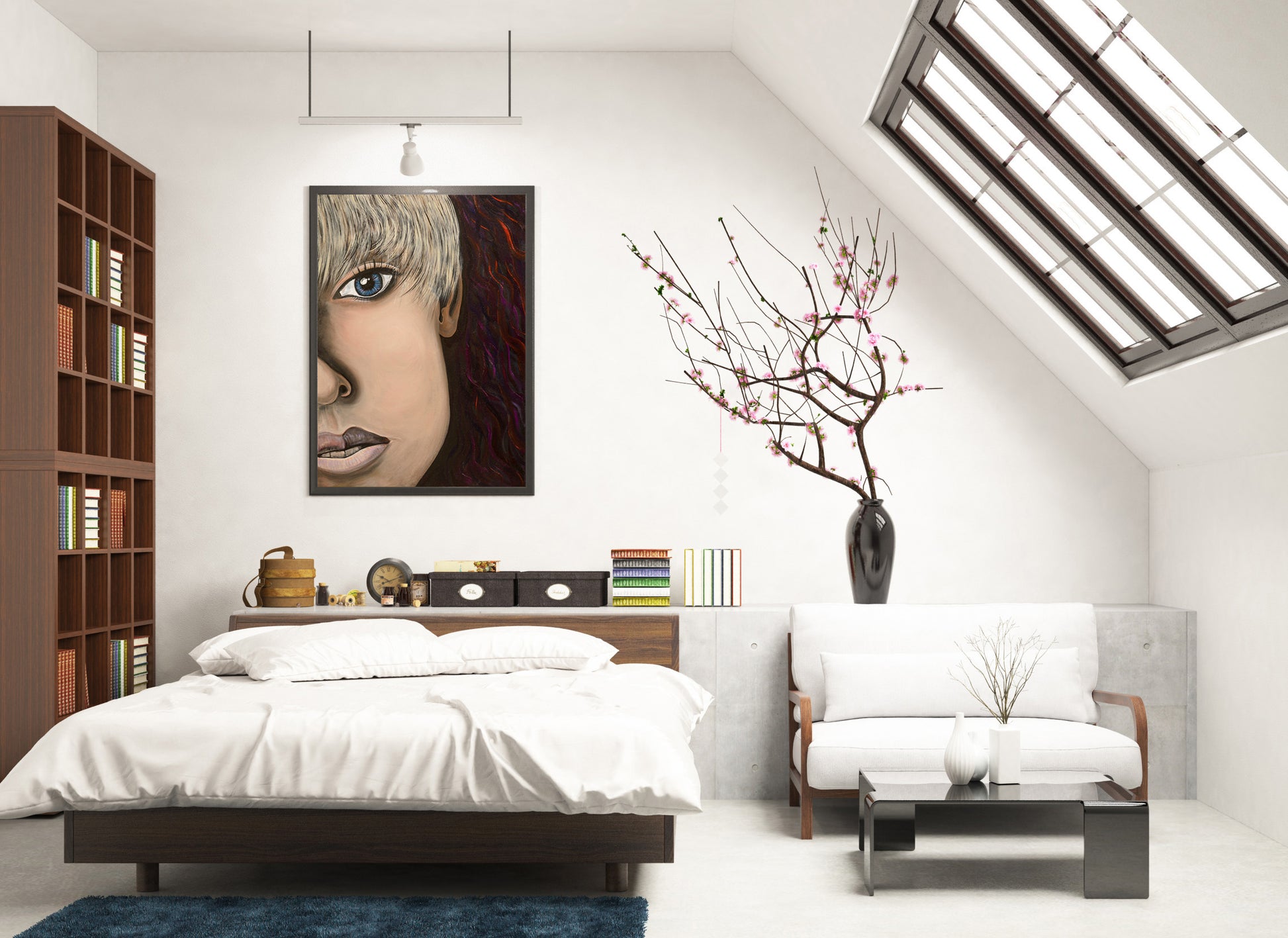 Modern bedroom with a bed, bookshelf, large skylight and wall art. Wrayn oil painting by Doug LaRue