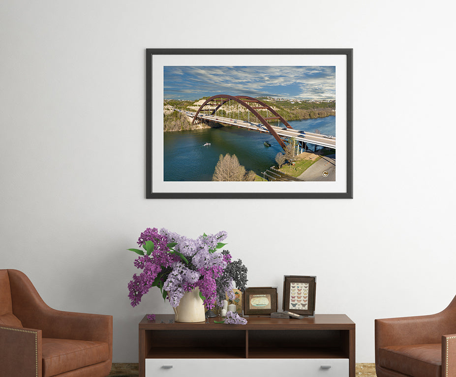 Pennybacker Bridge aerial photograph on a study wall by Doug LaRue