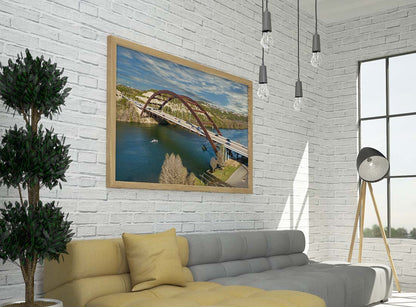 Pennybacker Bridge aerial photograph on a living room wall by Doug LaRue