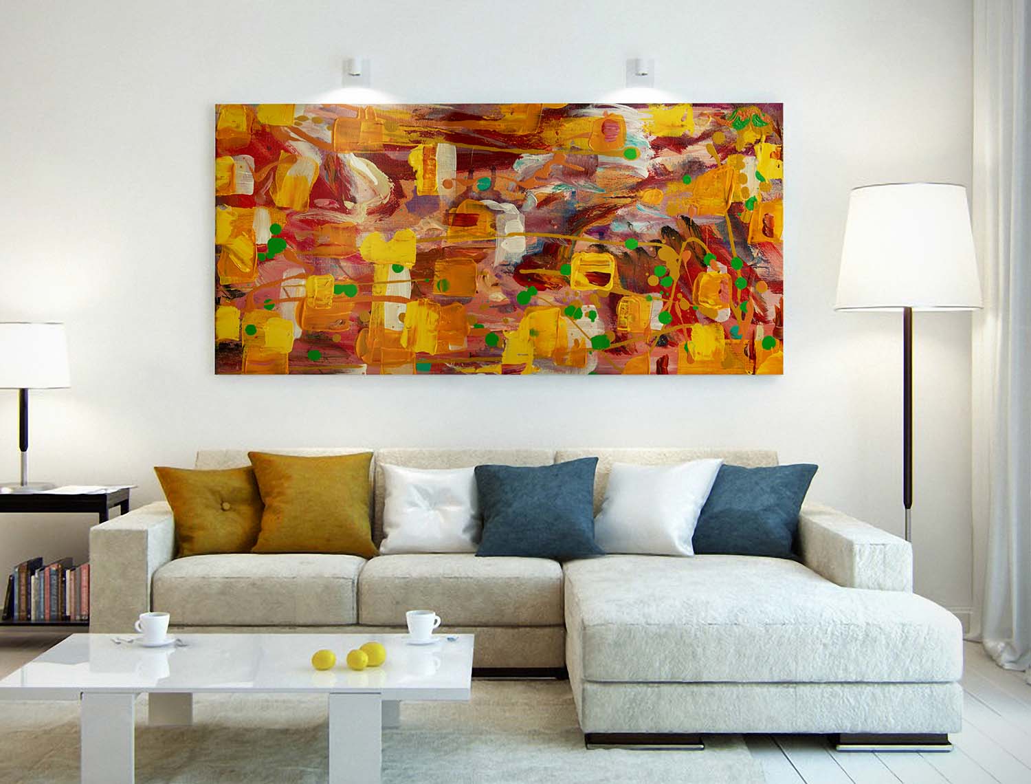 Abstract Cubist art print on a living room wall above couch