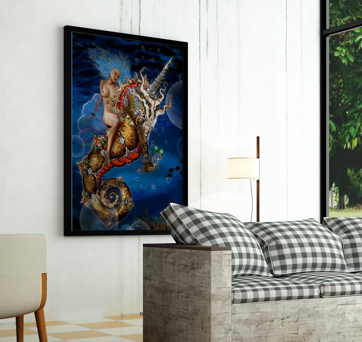 Zwyla - Aquatic Goddess Nude artwork by Doug LaRue large print on a living room wall