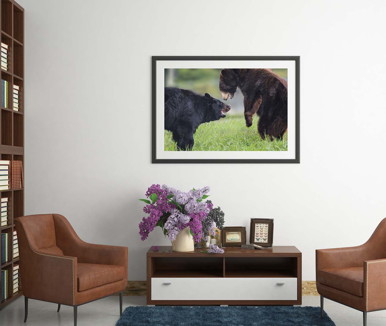 Arkansas Bear Fight by Doug LaRue large framed print over a coffee table and chairs