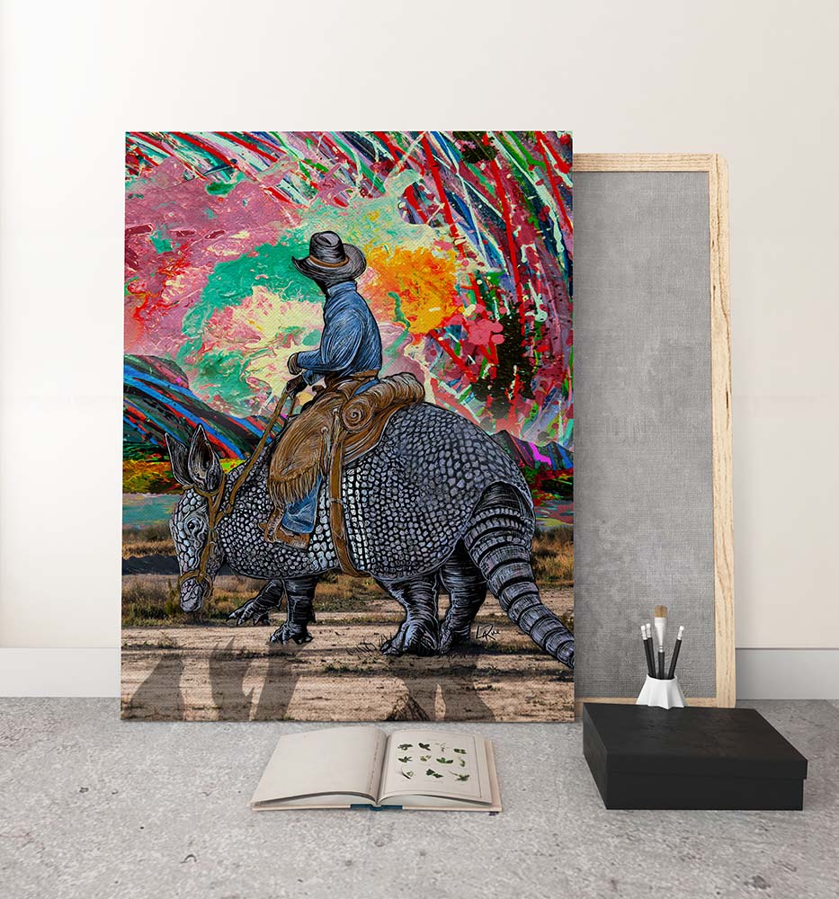 Cosmic Cowboy Sunset mixed media art by Doug LaRue medium print leaning against wall