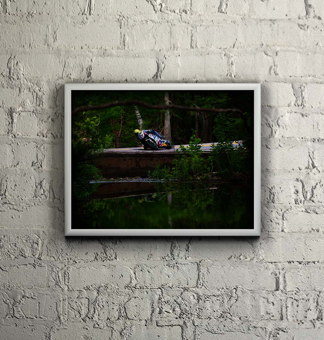 GP Grand Prox Motorcycle on a creek bridge framed photograph by Doug LaRue