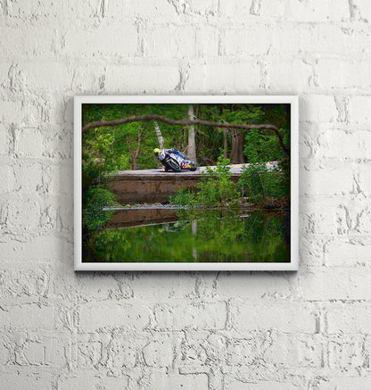 GP Grand Prox Motorcycle on a creek bridge framed photograph by Doug LaRue