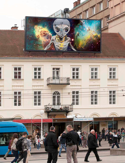 DJ Zedd the alien mix master mixed media by Doug LaRue on a large sign on a roof in Europe