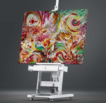 Disorganized Unicorn abstract art by Doug LaRue on a large white easel