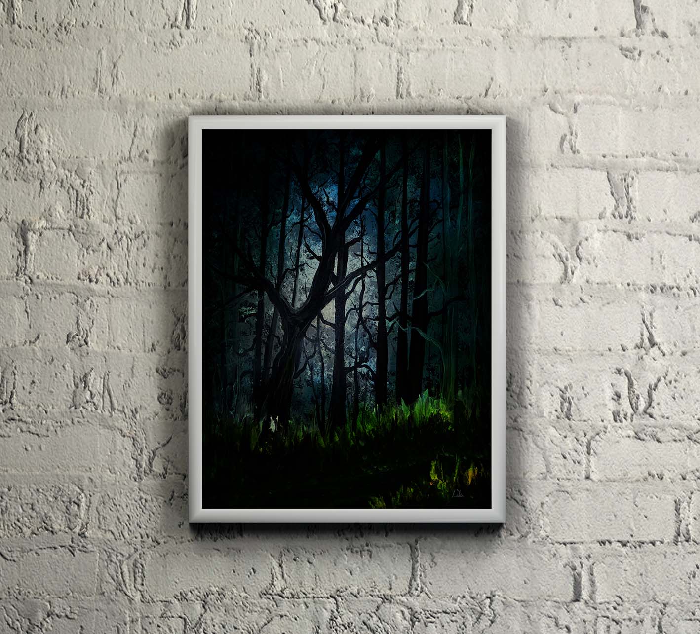 Forest Glow oil painting by Doug LaRue on a white brick wall