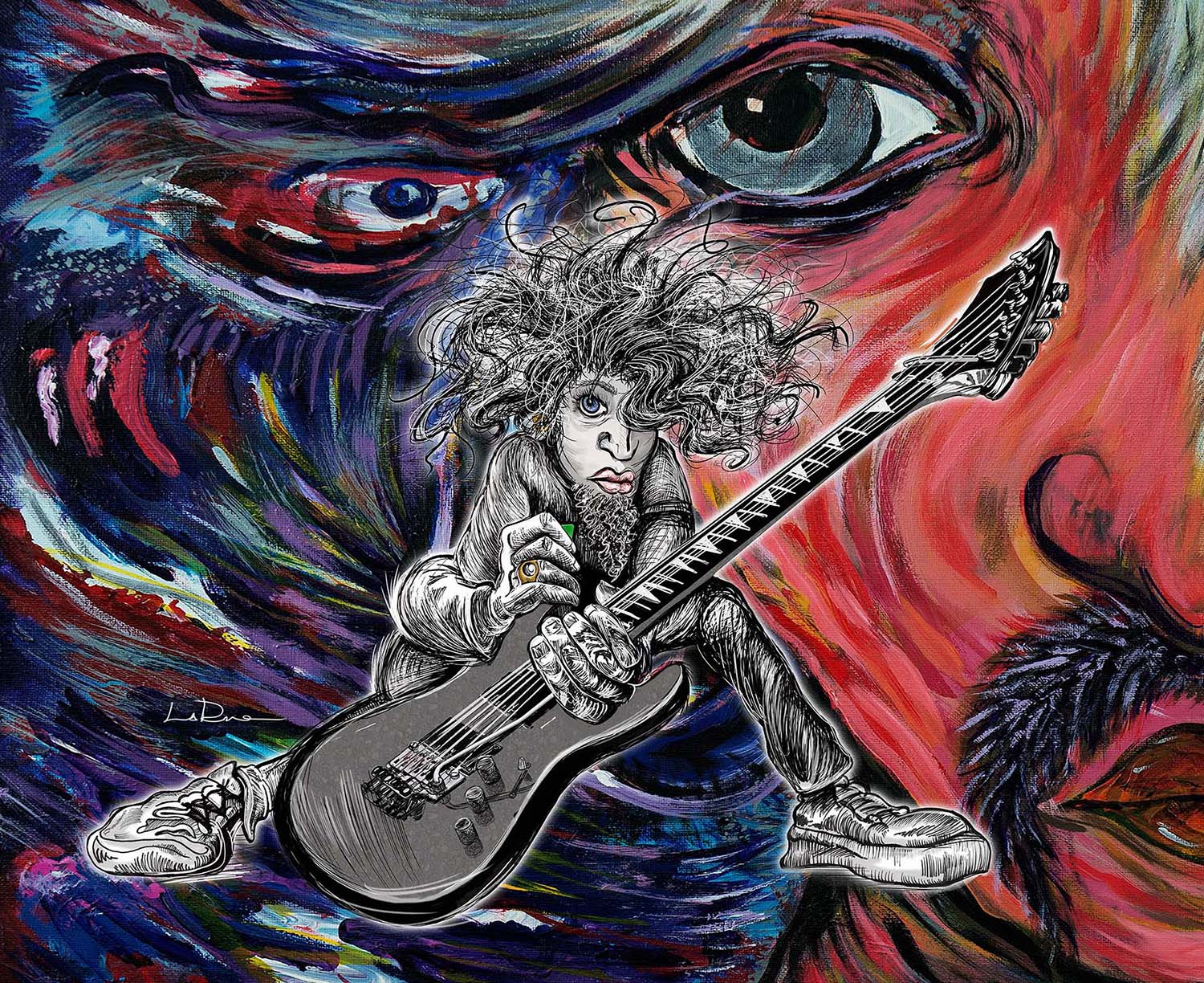 Hair Guitar mixed media illustration character design by Doug LaRue