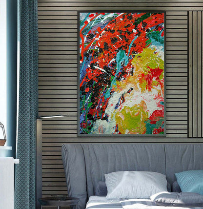 Abstract 21 Incursion art by Doug LaRue in a wood frame over a bed