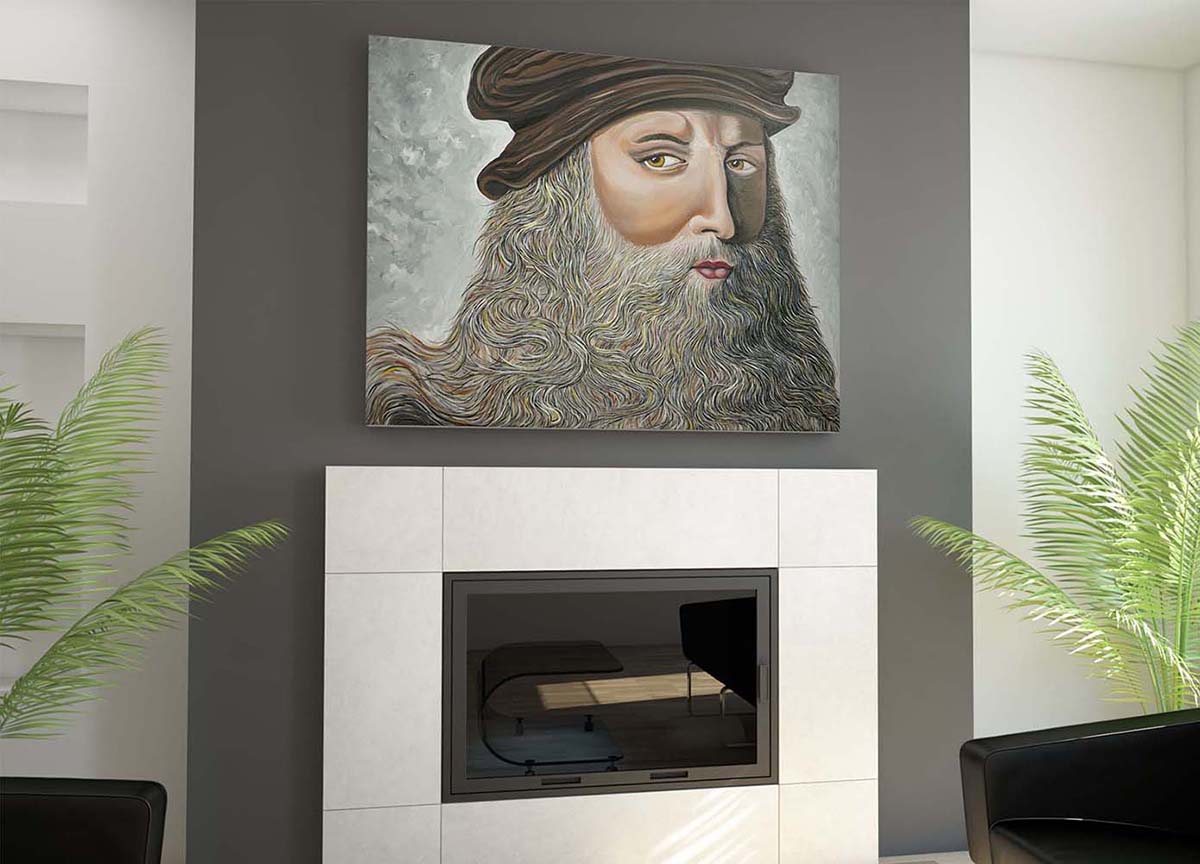 Leonardo Da Vinci portrait oil painting by Doug LaRue hanging over a modern fire place