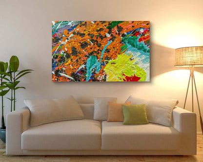 Abstract 21 Octoberish artwork by Doug LaRue, large wall print over a tan couch