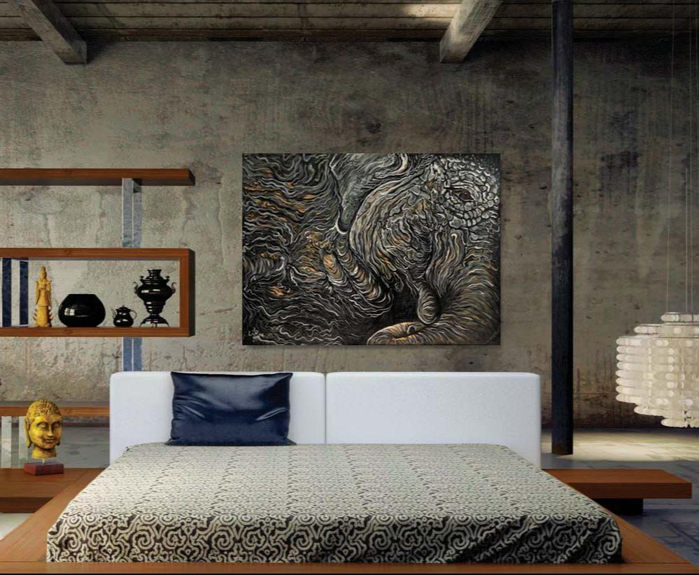 Waking Elephant is a figurative abstract painting on a wall in a bedroom